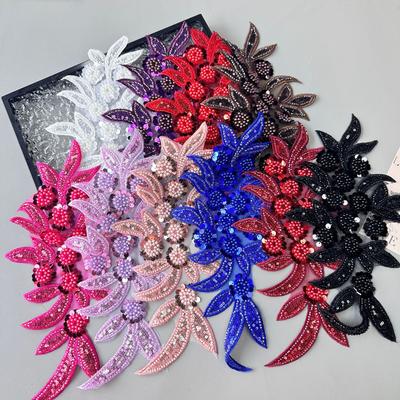 Schwerindustrie Mesh Handgefertigt Perlen Pailletten Dreidimensionale Blume Stickerei Applikation Hochzeitskleid Haarschmuck Dekorative Stoffaufkleber
