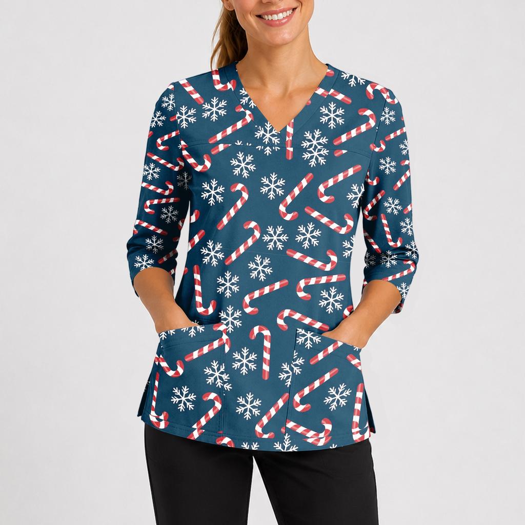 Women's Christmas Print V-Neck Work -Quarter Sleeve Caregiver Uniform Scrub Tunic