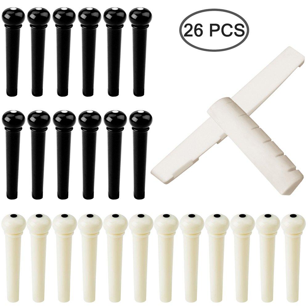 24 kolíčků pro kytarový kobylkový držák se 2 kolíčky pro kobylkový držák a plastové kolíčky pro akustickou kobylku FineGood, 6 strun, náhradní kobylka pro kytaru z pravé kosti, folk, černá