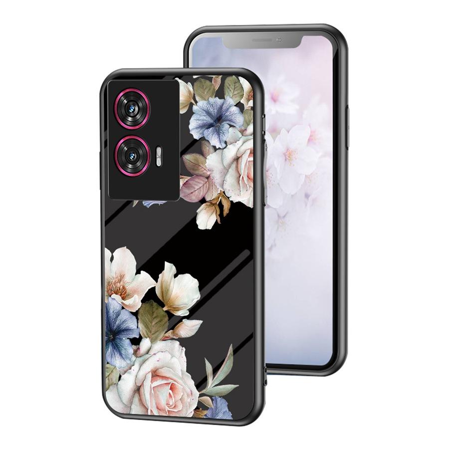 Floral Back Tempered Glass Case For Motorola Edge 60 Fusion 20 30 Ultra 40 Neo 50 Pro Moto G24 Power G04S G05 G15 E15 E14 G35 G85 5G Rose Flower Cover