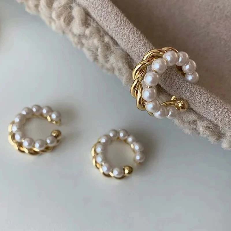 New Korean Gold Double Circle Twist Pearl Ear Cuff Vintage Geometric Circle Earcuff Fake Piercing Pearls Clip on Earings