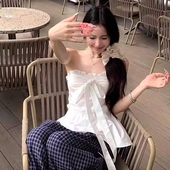 Summer New Sweet and Spicy Style Bow Lace-up Tube Top Women Slim and Thin Fungus Edge Sleeveless Top