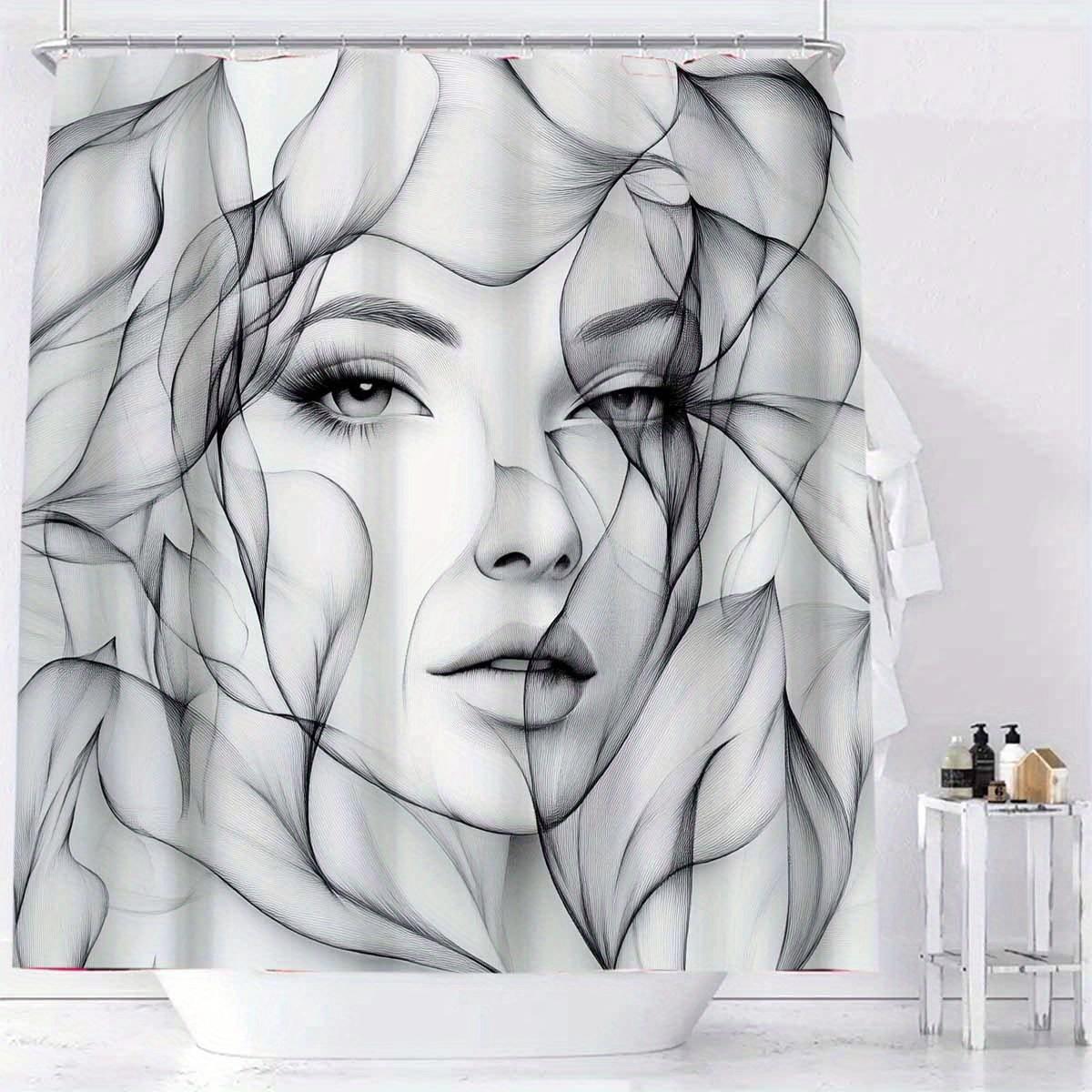 

1Pc Polyester Shower Curtain With 12 Hooks - Abstract Female Face, Tulip Bouquet & Leaf Pattern, Machine Washable Bathroom Decor W60H190(CM)-1 Pcs