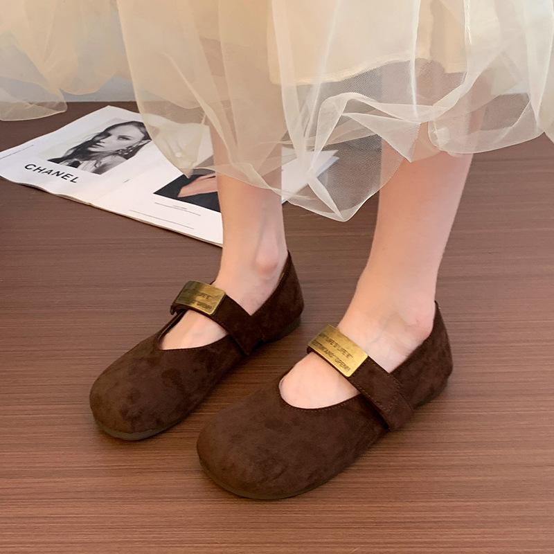 Metal Buckle Soft Sole Mary Jane Shoes Women's 2025 Spring New One-word Buckle with Round Head Temperament Single Shoes Flat Grandma Shoes