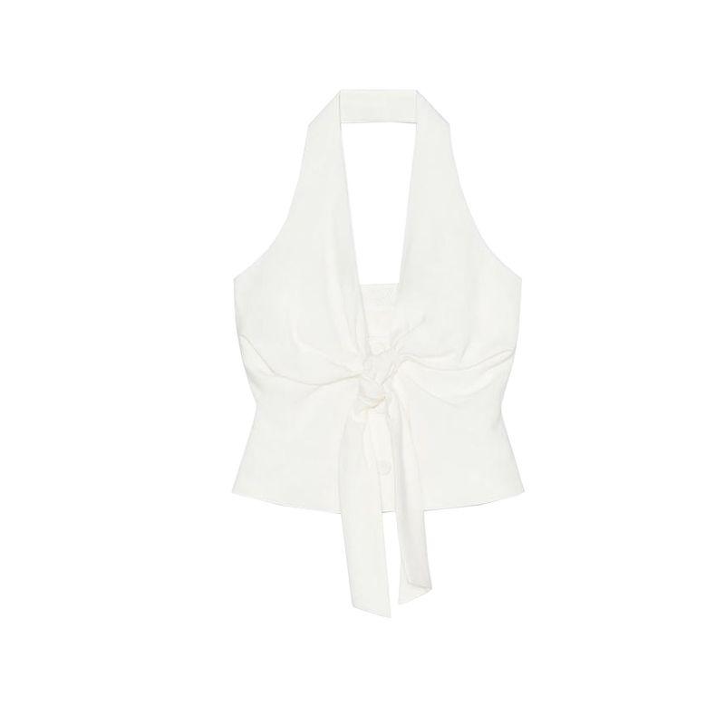 

Knot Hanging Collar Lace-up Vest Vest 1608130 Pleated All-Match Wide-Leg Casual Trousers 1608030 White Tops L