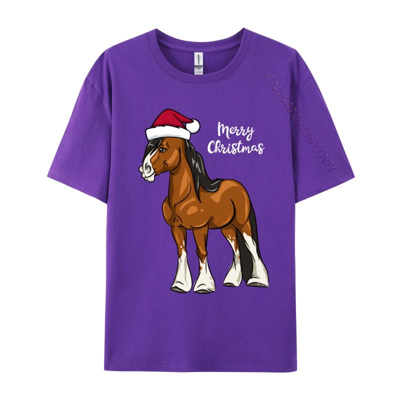 Cute Cartoon Clydesdale Draft Horse Christmas T-Shirt Men Crew Neck Camisas Men Printed Tops Tee Pure Cotton
