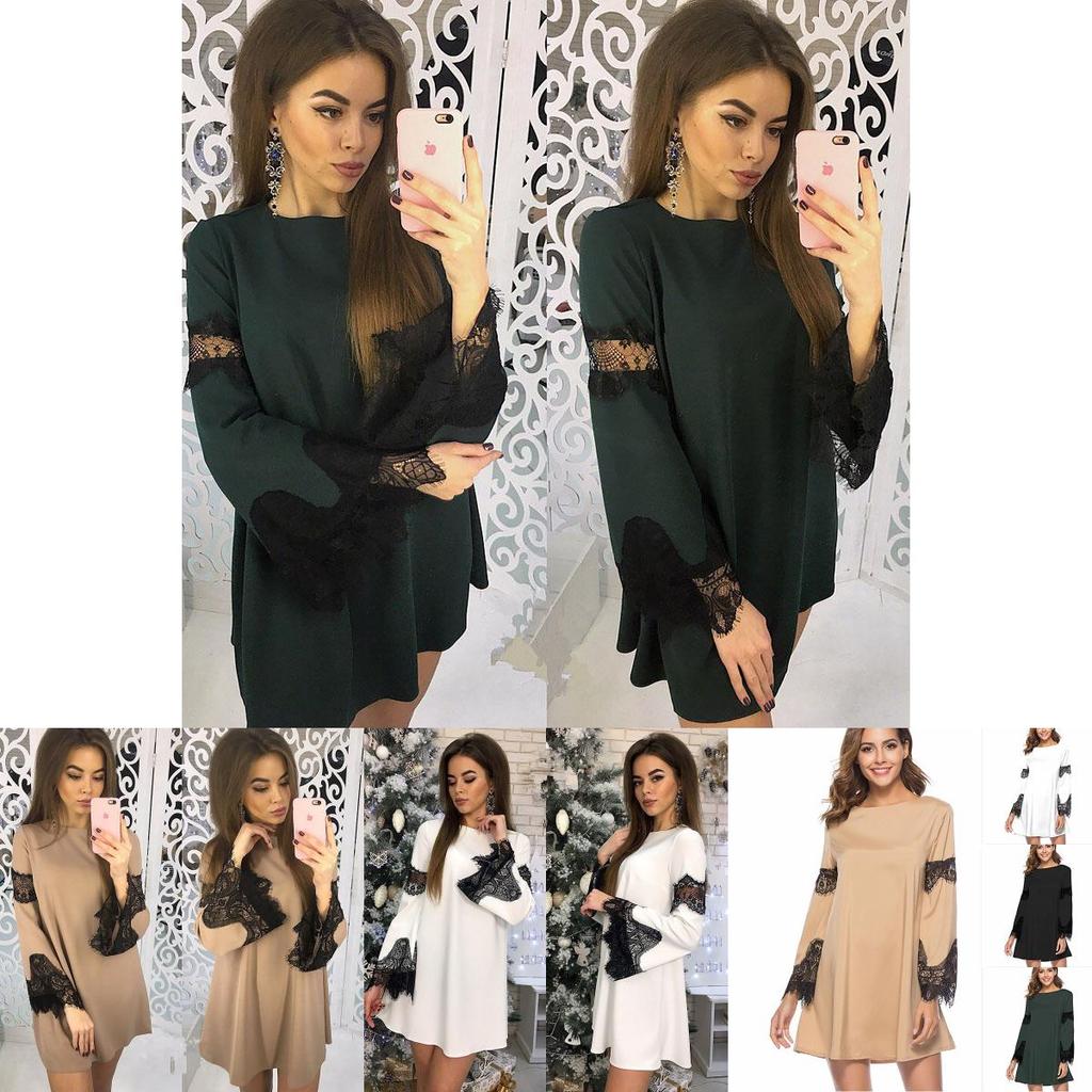 Elegant Solid Color Lace Stitching Dress For Women Perfect For Casual Outings