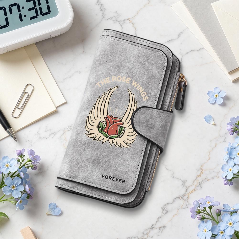 Stylish Rose Wings Print Wallet Fashion Functional Multiple Card Slots Casual Daily Use Portable Purse