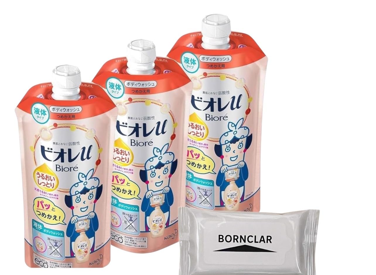 Biore u Body Soap Refill Pack, Sweet Peach Scent, 340mL x 3-Pack + Bonus BORNCLAR Logo Wet Wipes