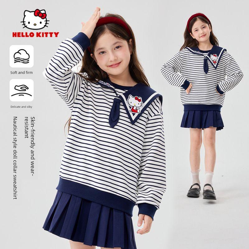 Hellokitty Girls  Sailor Suit Set, Autumn 2025 New Navy Style Autumn Outfit, Striped Children s Sweatshirt Trendy Solid Ultramarine Blue + Solid Navy Blue 160