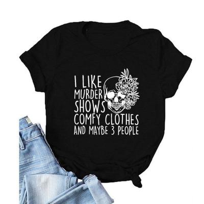 Hooded Simple Round Neck Top T-shirt I LIKE MURDER Printed Loose Round Neck Pure Cotton Short Sleeved Shirt T-Shirts Women’s