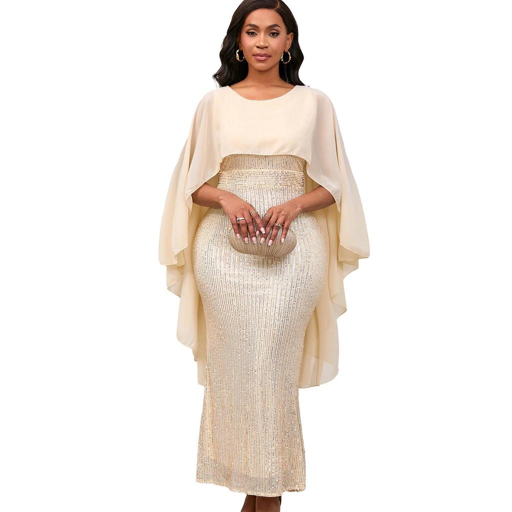 European & American Women's Spring Chiffon Cape Sequin Long Skirt Party Dress