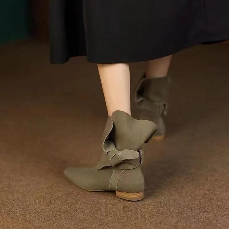 Flat Suede Short Boots 2024 New Autumn/winter Korean Version Chelsea Pointed Bow Fashion Boots for Women