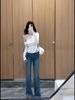French White Lace Asymmetrical Off-Shoulder Long Sleeve Cotton T-shirt