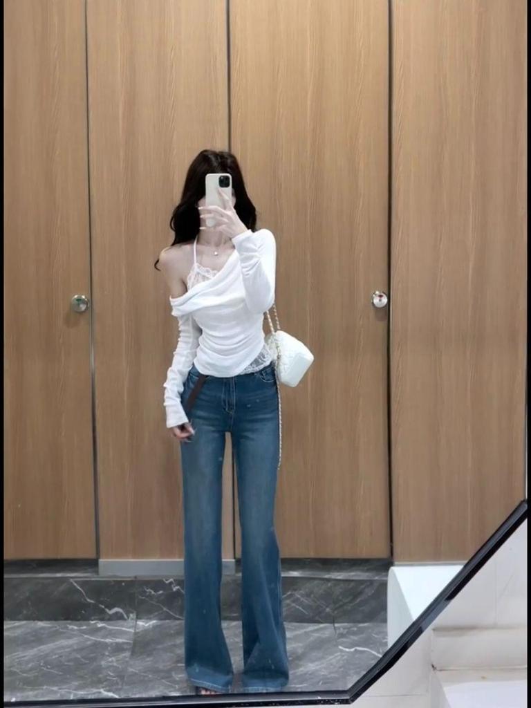 French White Lace Asymmetrical Off-Shoulder Long Sleeve Cotton T-shirt