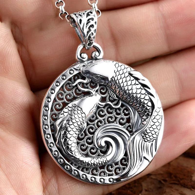 National Style Glossy Double Fish Necklace For Men And Women New In Hollow Out Round Pendant Creative Vintage Jewelry
