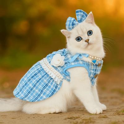 Pet Supplies Cute Puppy Plaid Dress Soft Thin Design Pet Windbreaker Breathable Cat Bow Pearl Coat Autumn Winter