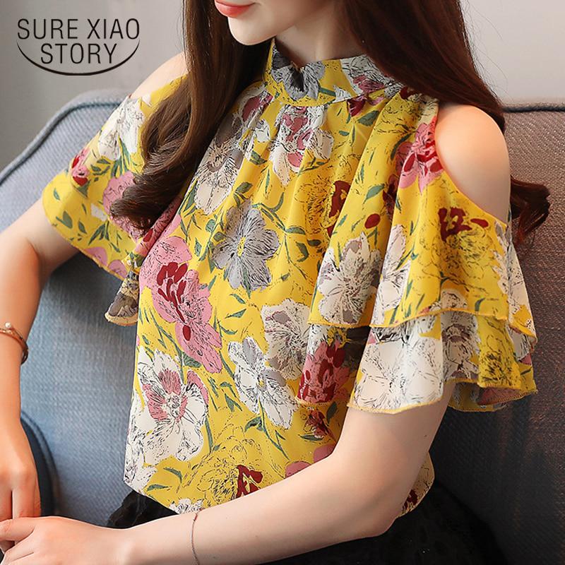 WOCACHI Women Blouse Summer Irregular Chiffon Shirts Off Shoulder Tops for Women