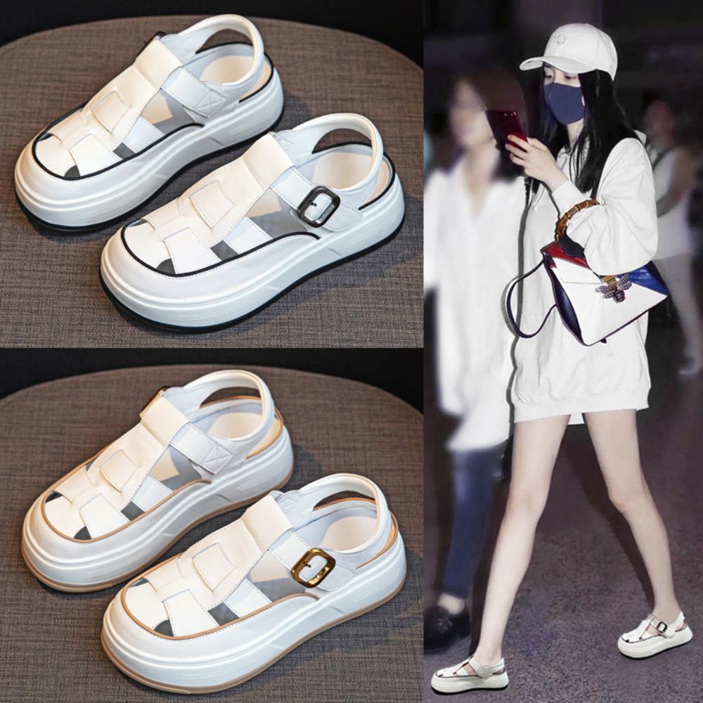 Sandale cu platformă pentru femei, din piele, romane Baotou, sandale pentru femei, vara 2025, noi, cu goluri, pantofi pentru femei, sandale casual