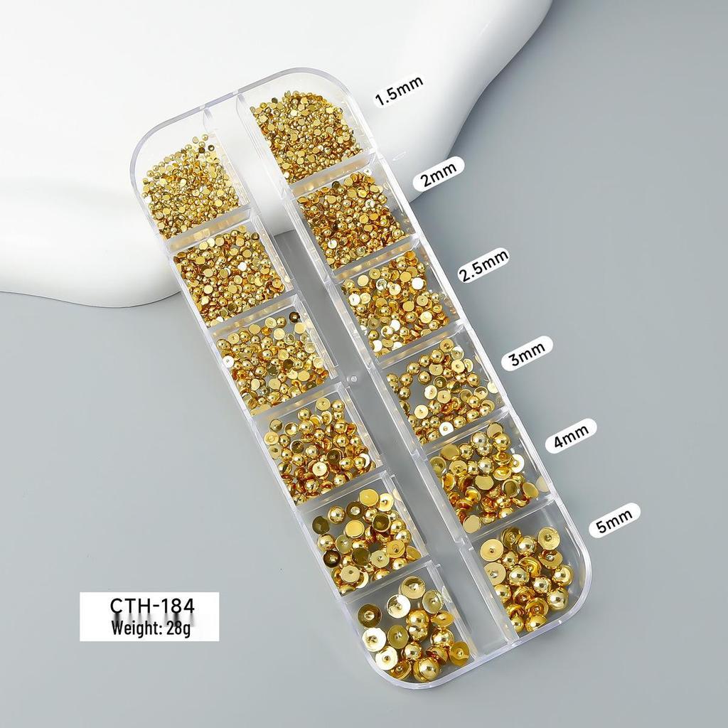 Gold & Silver Half Pearl Nail Art Decorations Set - 12 Mixed Size Grids