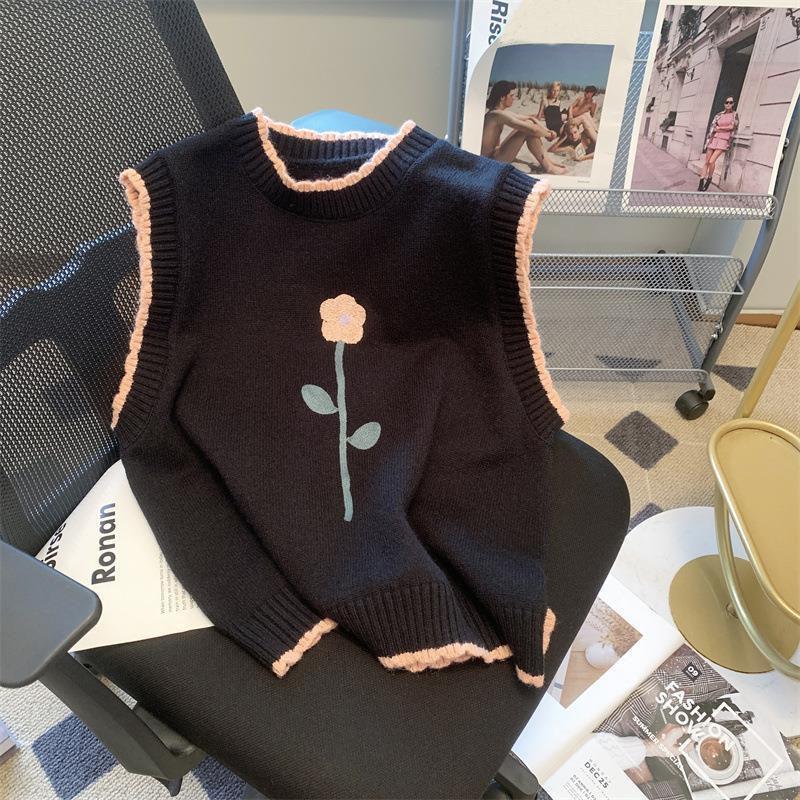 

Маленький жилет с вышивкой свежих цветов в стиле ретро для женщин, весна и осень 2023, универсальный свободный вязаный жилет, свитер, пуловер, женский One Size чёрный