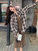 Women's Early Spring 2026 American Retro Blue Plaid Waist-Cinched Long-Sleeved Shirt