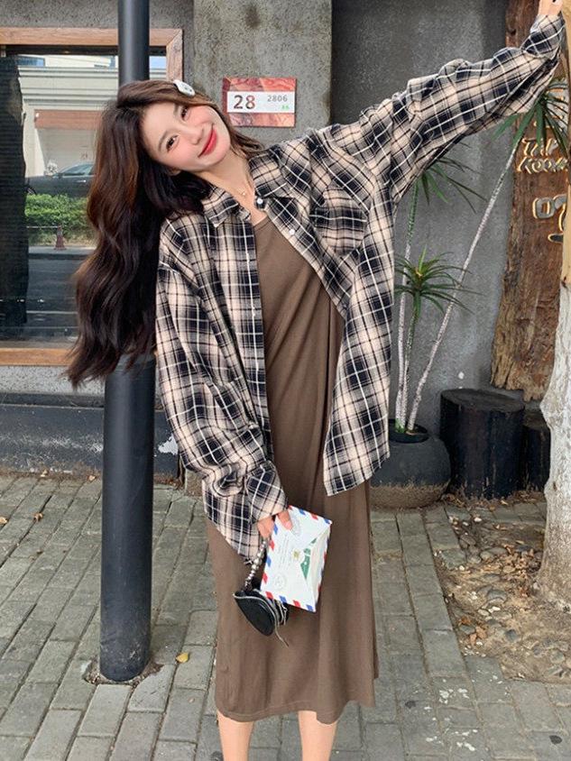 Women's Early Spring 2026 American Retro Blue Plaid Waist-Cinched Long-Sleeved Shirt
