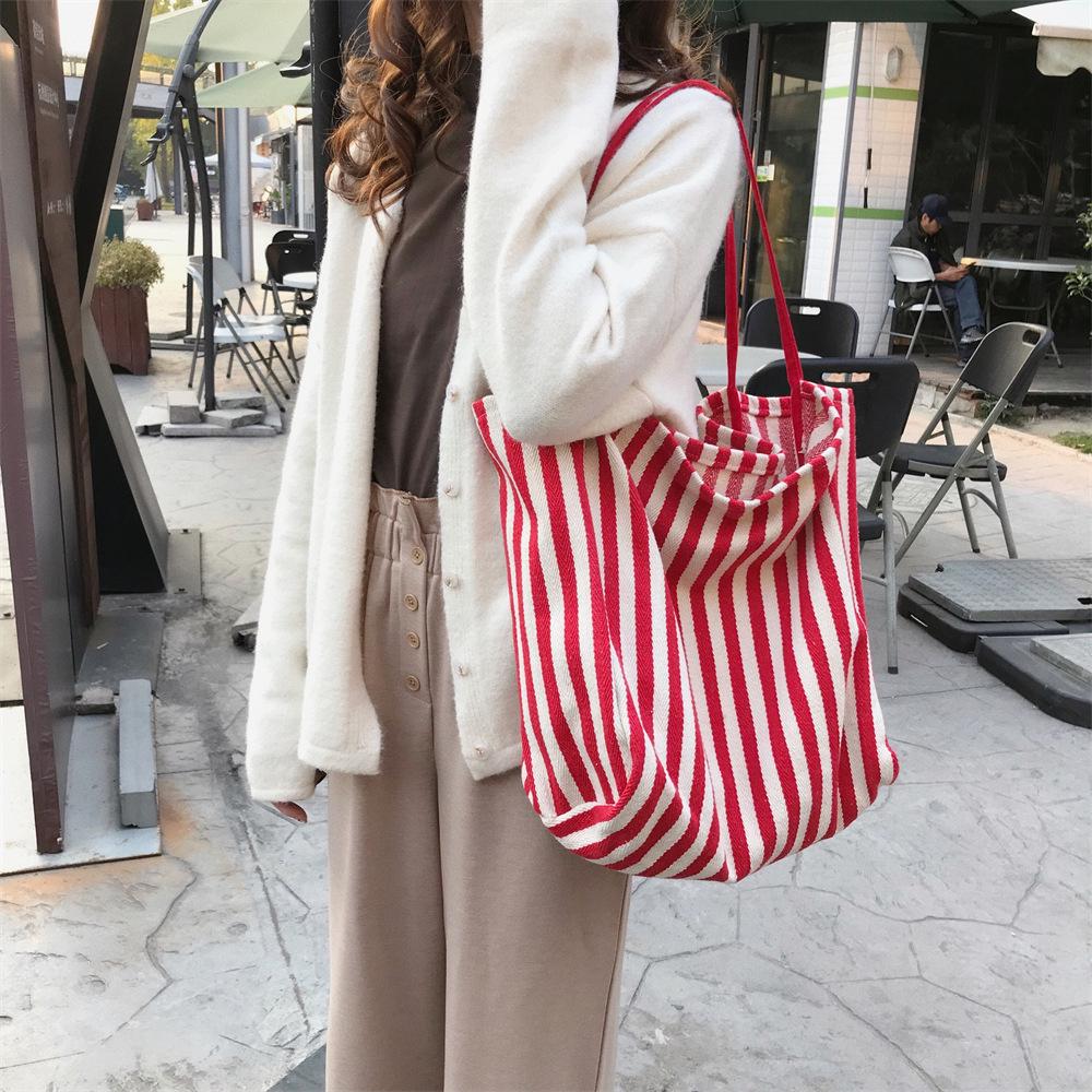 Retro pruhovaná plátěná taška přes rameno v korejském stylu - Velká kapacita, elegantní a trendy