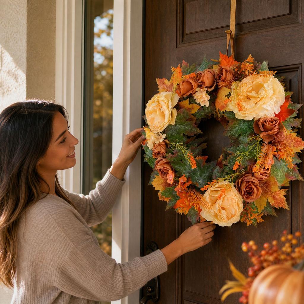 Artificial Fall Wreath with Maple Leaves, Peonies and Pumpkin Decor for Front Door