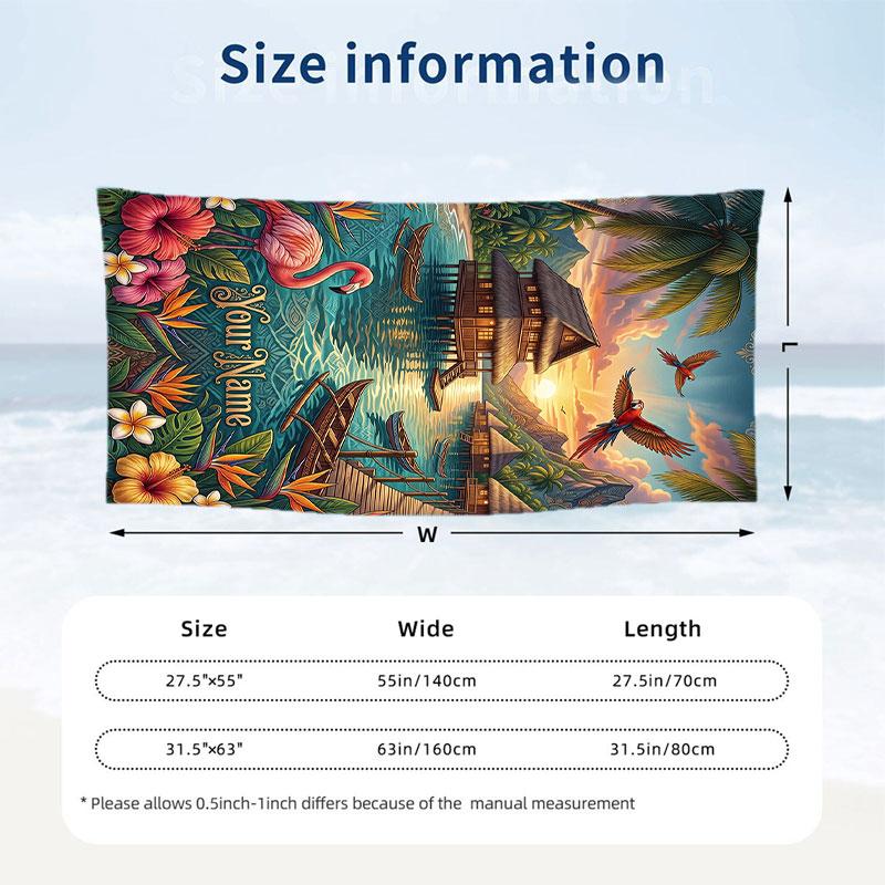 Tropical Leaves Elegance Theme Quick Dry Beach Towel Custom Name Text Print Large Sand Resistant Towel Beach Vacation