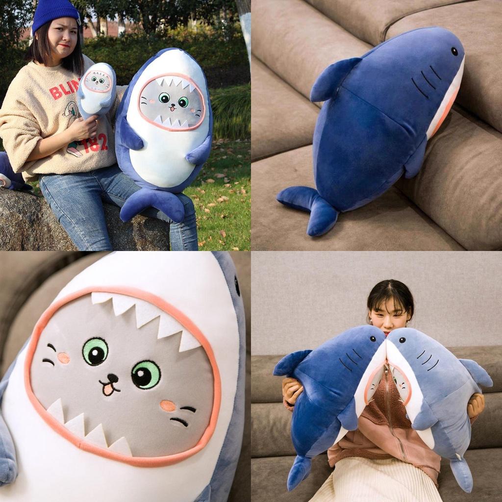 Cute Shark Plush Pillow With Cat Face Stuffed Animal Blue/grey 30/60cm Super Soft Short Plush