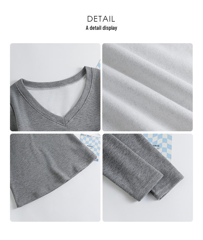 T-shirt Noir à Manches Longues et Col en V pour Femme avec Velours Intérieur, Collection Automne/Hiver 2025, Haut de Sous-vêtement Polyvalent