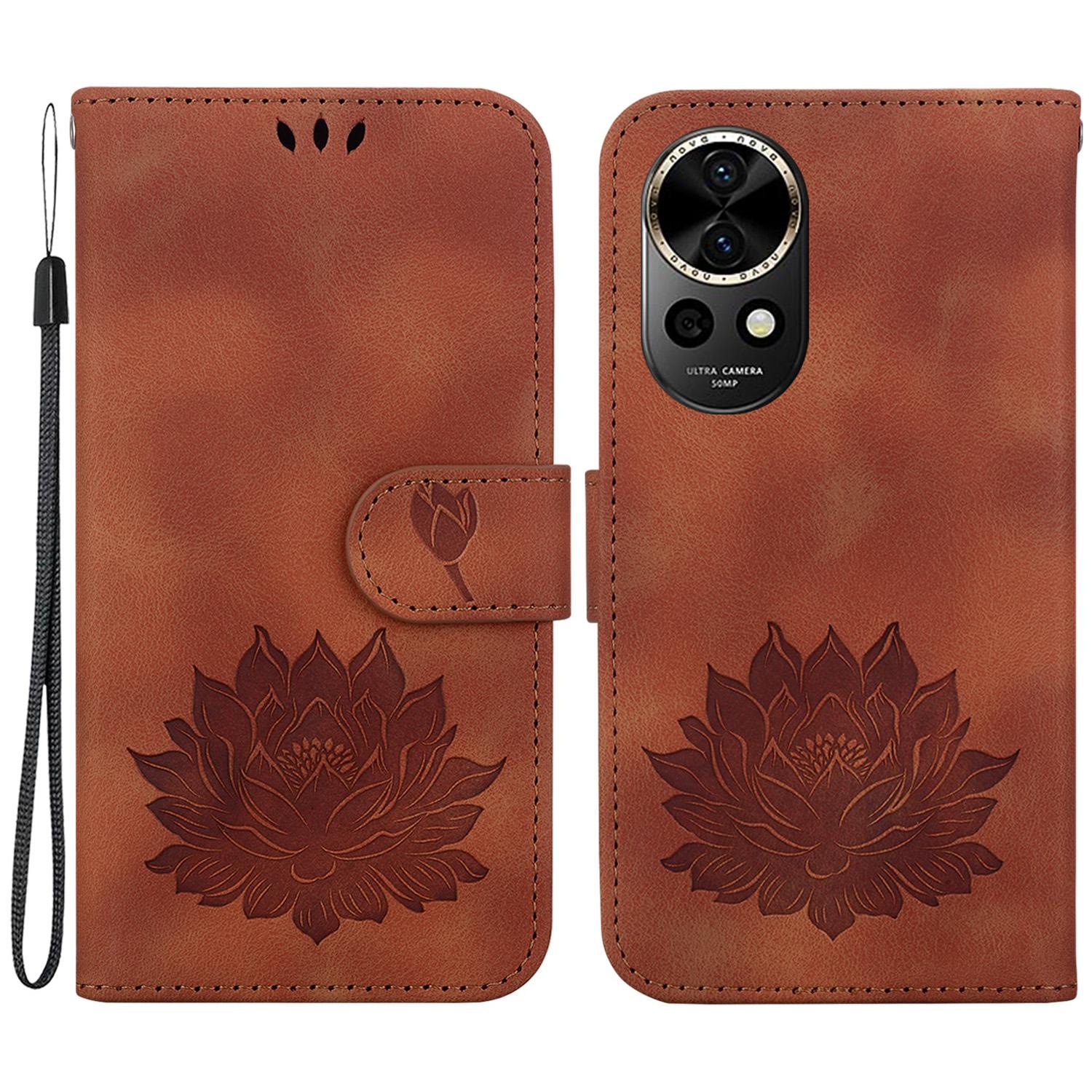 

For Huawei nova 12 5G Phone Case Lotus Imprint Leather Stand Wallet Cover Brown