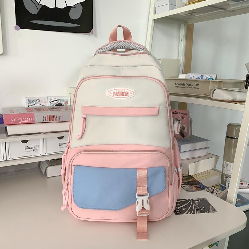 Women Large Capacity Schoolbag Campus Color Block Backpack Multi-Compartment Student Travel Backpack