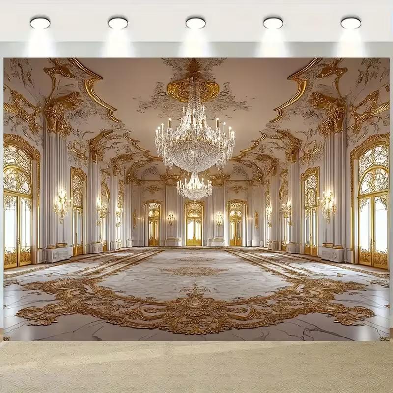 

2D Luxurious Palace Ballroom Backdrop Gold White Chandelier Photography Background 47.2x31.5inch/120*80cm