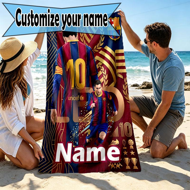 Serviette de Plage Personnalisée avec Nom Club de Football Barcelone, pour Voyage Camping Fête à la Plage Décoration Intérieure, Cadeau d'Anniversaire pour la Famille et les Amis