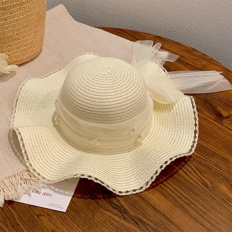 Lace pearl wavy edge bow straw hat women's summer sunshade seaside vacation big brim sun hat