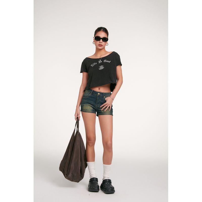 

Discoglam Gyaru Design Y2g Outer Wear Low Waist Tight Distressed Hot Pants Demin shorts Women Summer Dark blue L