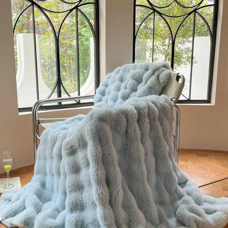 Autumn-Winter Double-Layer Faux Rabbit Fur Plush Nap Throw Blanket Shawl