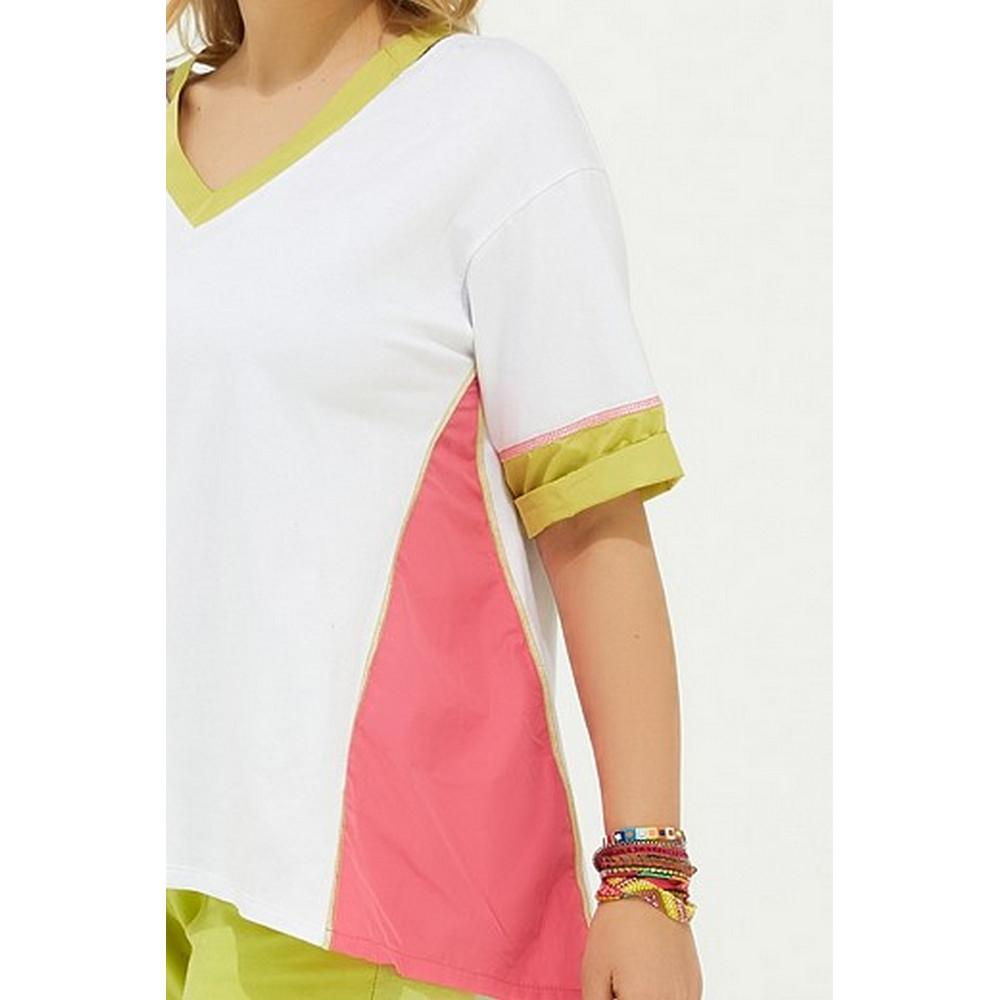 Fierte Damska bluzka w dużym rozmiarze Lm87070 Dekolt w kształcie litery V, krótki rękaw, kombinacja kolorów