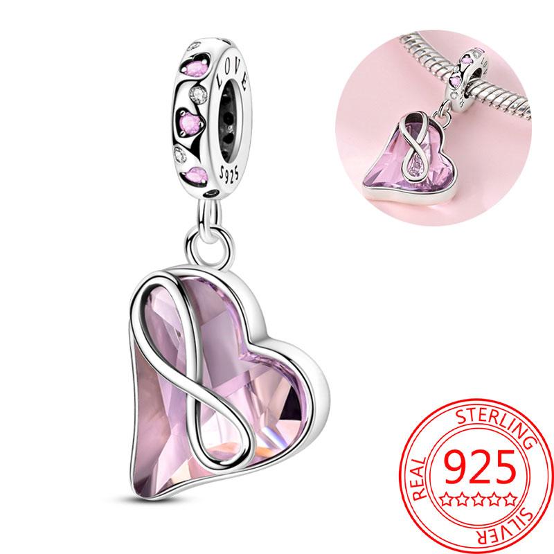 Breloque Pendentif Perles Cœur Rose Scintillant Cuivre Compatible Bracelet Original Pour Femmes Bijoux Cadeaux Saint-Valentin