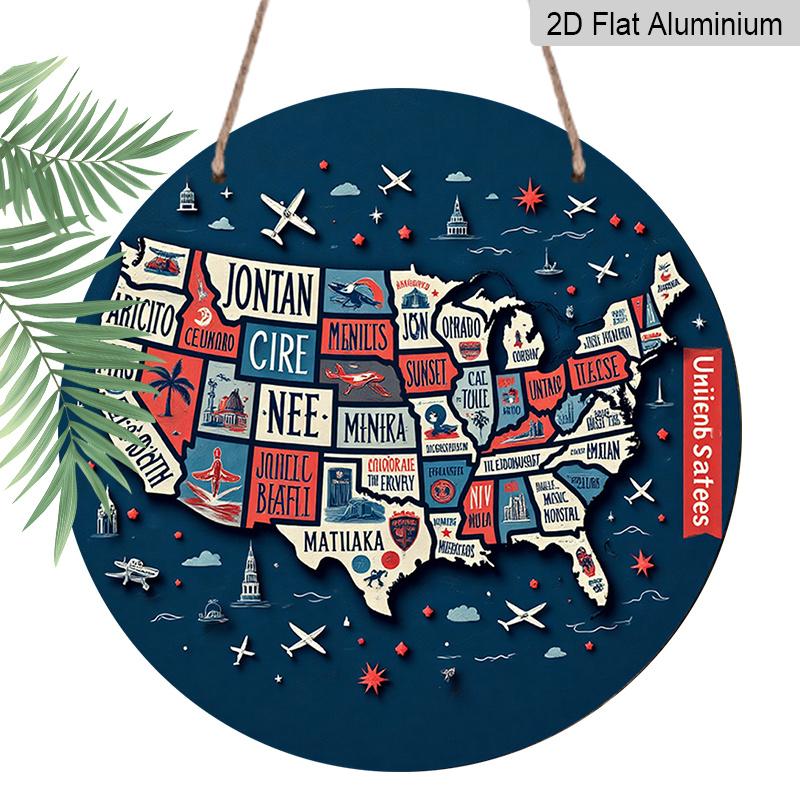 2D Flat, 1pc Round Aluminum Hanging Sign, USA State Map Metal Wall Art, Retro Travel Map Design, Perfect for Patriotic Decor, Man Cave, Garage