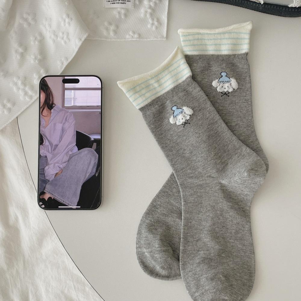 Cute Socks Cotton Socks White Apple Gray Dog Mid Tube Socks Tide Cartoon College Style Stockings