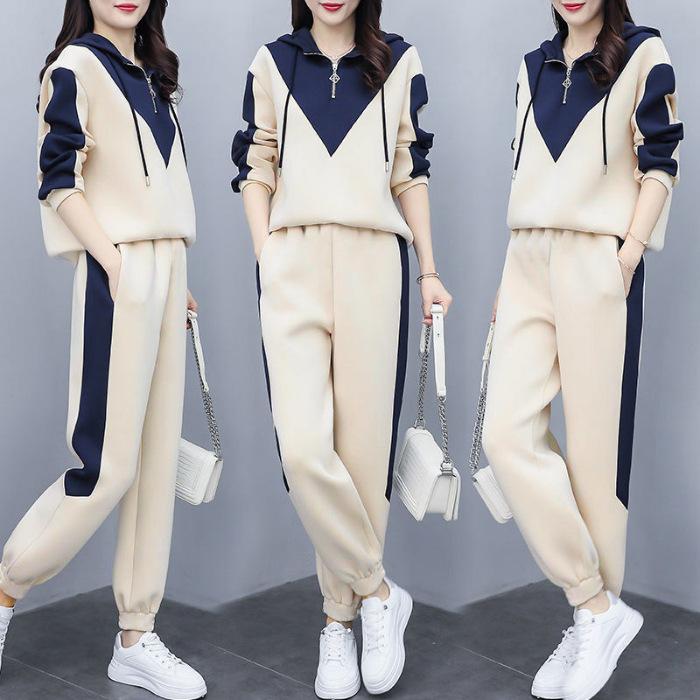 Casual sports suit women's 1116 spring and autumn new large-size women's clothing splicing sweater fashionable and thin foreign two-piece set