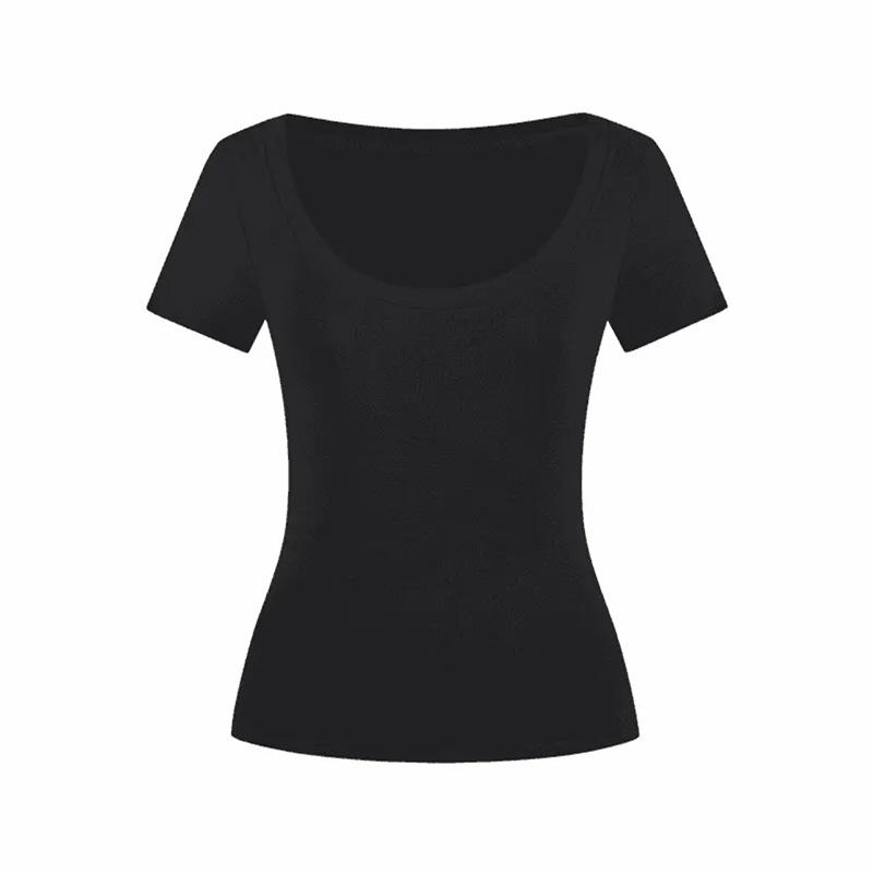 Pure Desire U-Neck Shoulder Short Sleeve T-Shirt Sexy Slim Versatile Design Spring Summer Solid Color Spice Girl Short Top