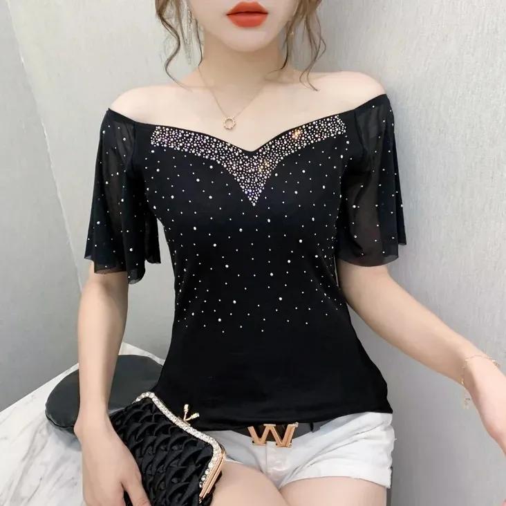 Women Summer Korean Clothes T-Shirt V-Neck Diamonds Ruffled Sleeve Tops