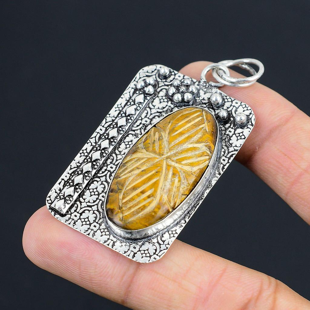 Friendship Day Deal Carved Tiger Eye Gemstone Sterling Silver Artisan Pendant