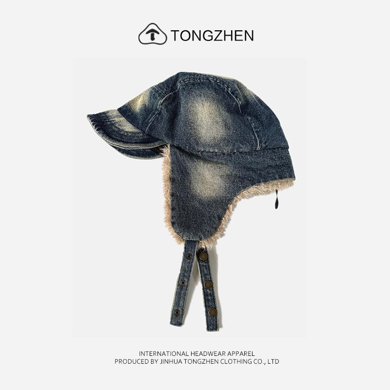 Warm Winter Fleece-Lined Denim Trucker Hat With Ear Flaps Unisex Retro Washed Cap Cold Weather