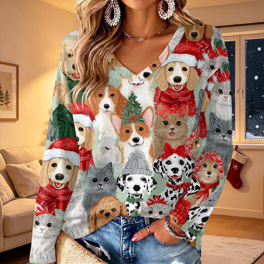 Women's V-Neck Long Sleeve Christmas Print Lightweight Blouse for Spring Summer