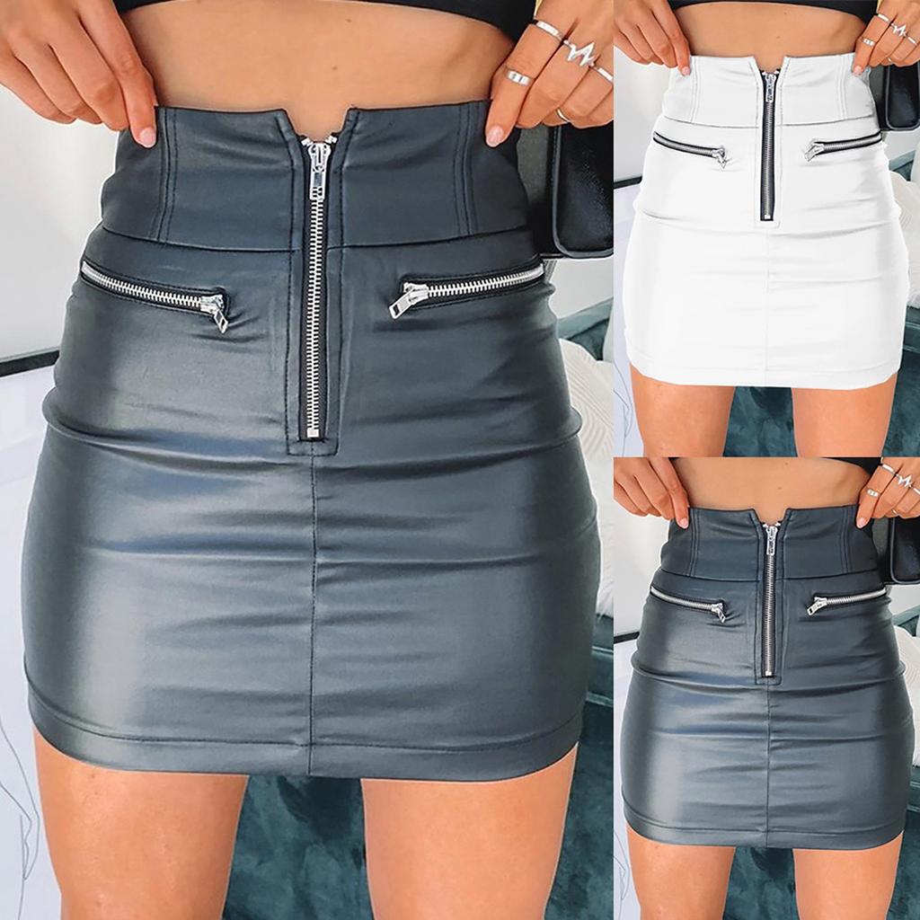 Women's Fashion Temperament Solid Color Leather Sexy  Zipper High Waist Bag Hip Short Skirt